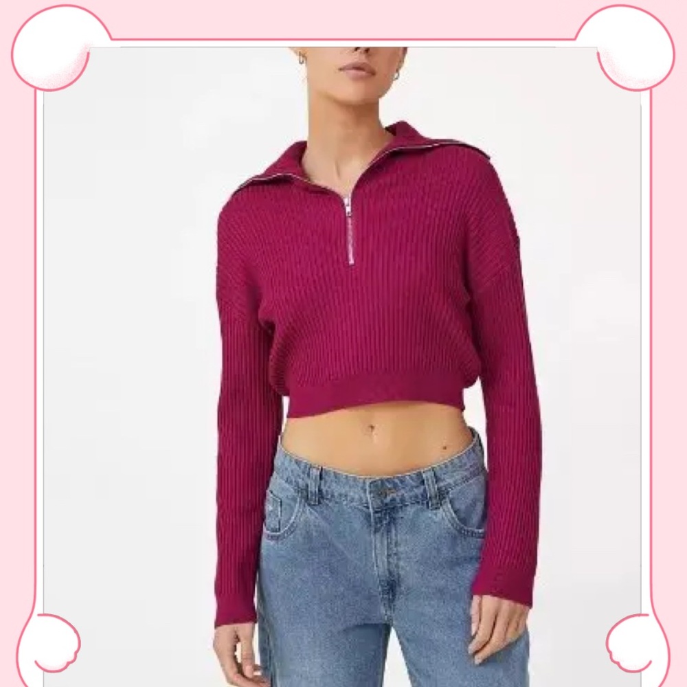Cotton On Cropped Rib 1/4 Zip Collar Sweater Rasberry Purple Size L Y2K Preppy